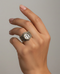 Victorian Rare Glass Moon face set in Brass set in Filigree Sterling Silver Ring Size 7 — worn on model