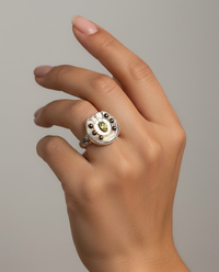 Victorian Carved Shell Horseshoe Button w/ Steel Facet Accent Tourmaline Center Set in Sterling Silver Ring Size 8-1/4 — worn on model