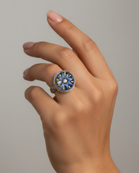 Vintage Glass Button with Gold Accent and Rhinestone Center set in Sterling Silver ring Size 7 — worn on model