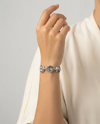 Victorian Ornate Silver Luster Czech Glass Buttons set in Sterling Silver Bracelet 7-1/2" — worn on model