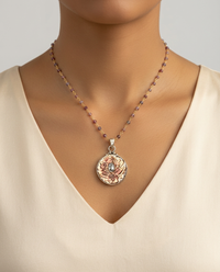 Victorian Carved Shell Aquamarine Center set in Sterling Silver Accented With Facet Saphire & Gold 18" Necklace — worn on model