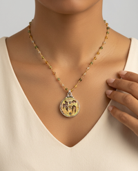 Victorian Tinted Carved Shell Castle w/ Tourmaline Center set in Sterling Silver With Facet Tourmaline & Gold 18" Necklace — worn on model