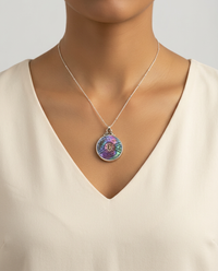 Victorian Tinted Carved Shell w/ Tourmaline Center set in Sterling Silver With Satellite Sterling Necklace — worn on model