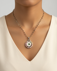 Victorian Tinted Carved Shell w/ Tourmaline Center set in Sterling Silver With Facet Labradorite 18" Necklace — worn on model