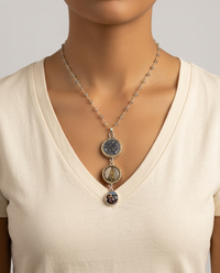 Victorian 3 Button Drop Necklace set in Sterling Silver w/ Labradorite facet stone Necklace Accent — worn on model