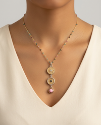 Victorian 3 Button Drop Necklace set in Sterling Silver w/Tourmaline facet stone Necklace Accent — worn on model