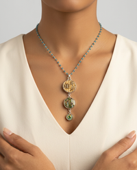 Victorian 3 Button Drop Necklace set in Sterling Silver w/ Apetite facet stone Necklace Accent — worn on model