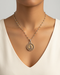 Victorian Metal with Steel Facet Stars Necklace set in Sterling Silver w/ 19" Facet Laboradite & Gold Rosary Accent — worn on model