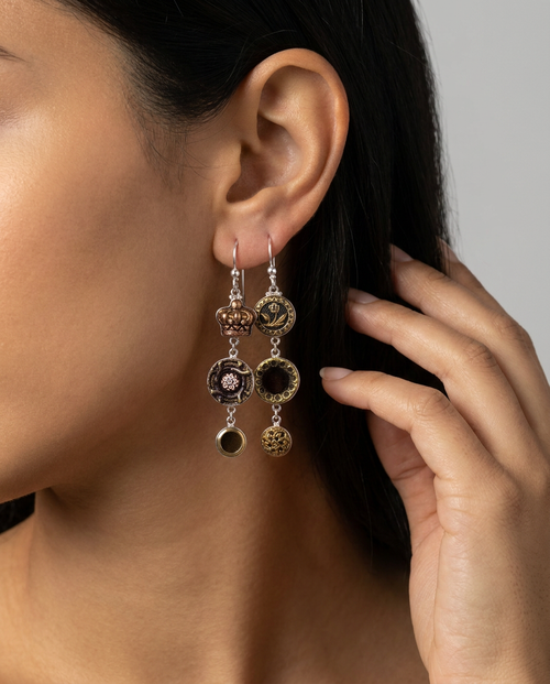 Asymmetrical Victorian Button Earrings set in Sterling Silver — worn on model