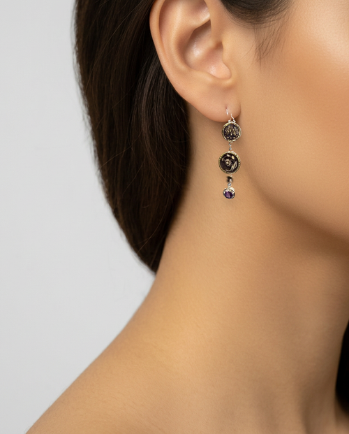 Asymmetrical Victorian Button Earrings set in Sterling Silver — worn on model