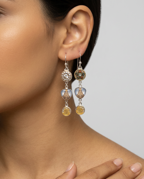 Asymmetrical Victorian Button Earrings set in Sterling Silver — worn on model