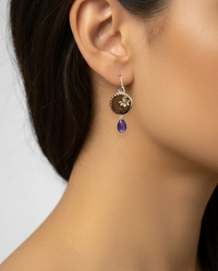 Victorian Painted Perfume Button Earrings set in Sterling Silver w/ Amethyst Facet Stone Accent — worn on model