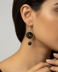 Victorian Perfume Button Earrings with Deer Image set in Sterling Silver w/ Tourmaline Facet Stone Accent — worn on model