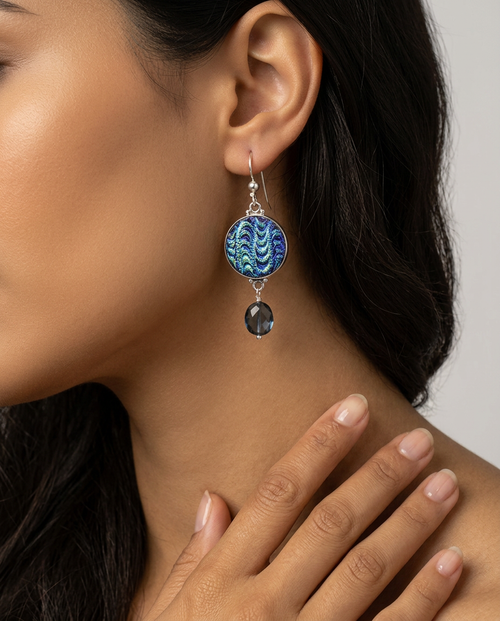 Vicntage Luster Button Earrings set in Sterling Silver w/ Topaz Facet Stone Accent — worn on model