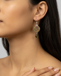 Victorian Luster Button Earrings set in Sterling Silver w/ Tourmaline Facet Stone Accent — worn on model