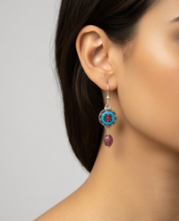 Victorian Glass in Metal Rose Center Turquoise Glass Button Earrings set in Sterling Silver w/ Carved Tourmaline Stone Accent — worn on model